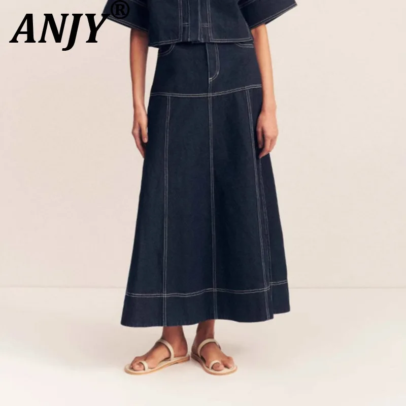 

ANJY Весна-лето: Новинка! Модный женский комплект из джинсовой юбки до щиколотки с разрезом и повседневной рубашки с коротким рукавом и карманами (A20214)