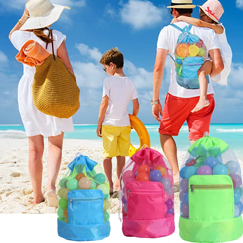 Beach Toy Mesh Collapsible Beach Bag Beach Storage Pouch Tote Bag Travel Toy Organizer Sundries Net Drawstring Storage Backpack