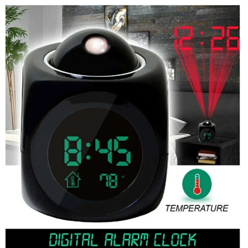 Multifunction Projection Chime Clock LED Light Alarm Clock Snooze Desk Table Clock Voice Prompt Digital Projection Clock