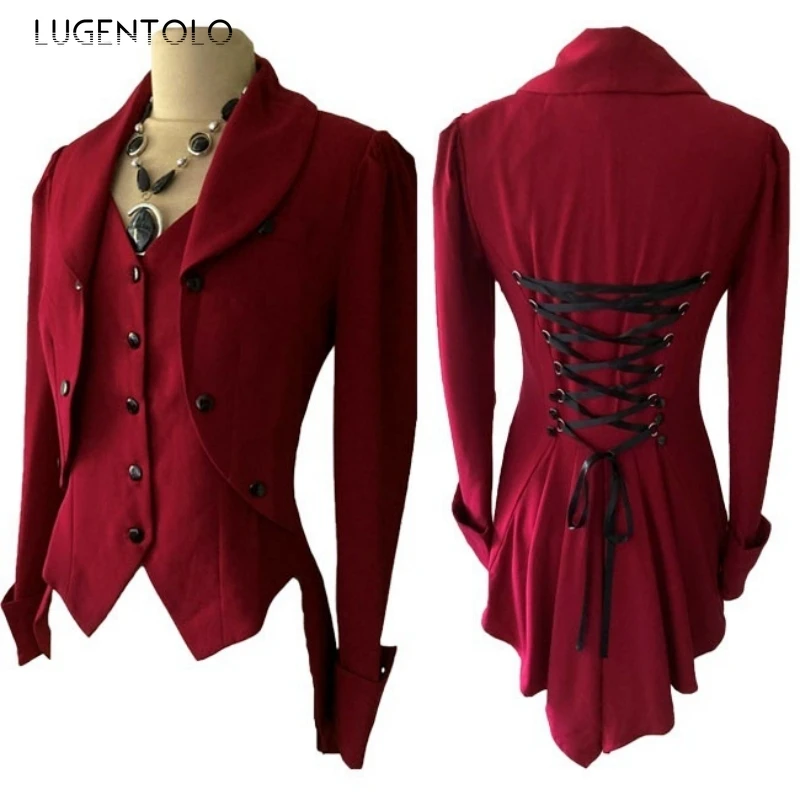 

Lugentolo Women Bandage Slim Vests Single-breasted Jacket Solid Tuxedo Lady Vintage Lapel Court Party Steampunk Coat New 5XL