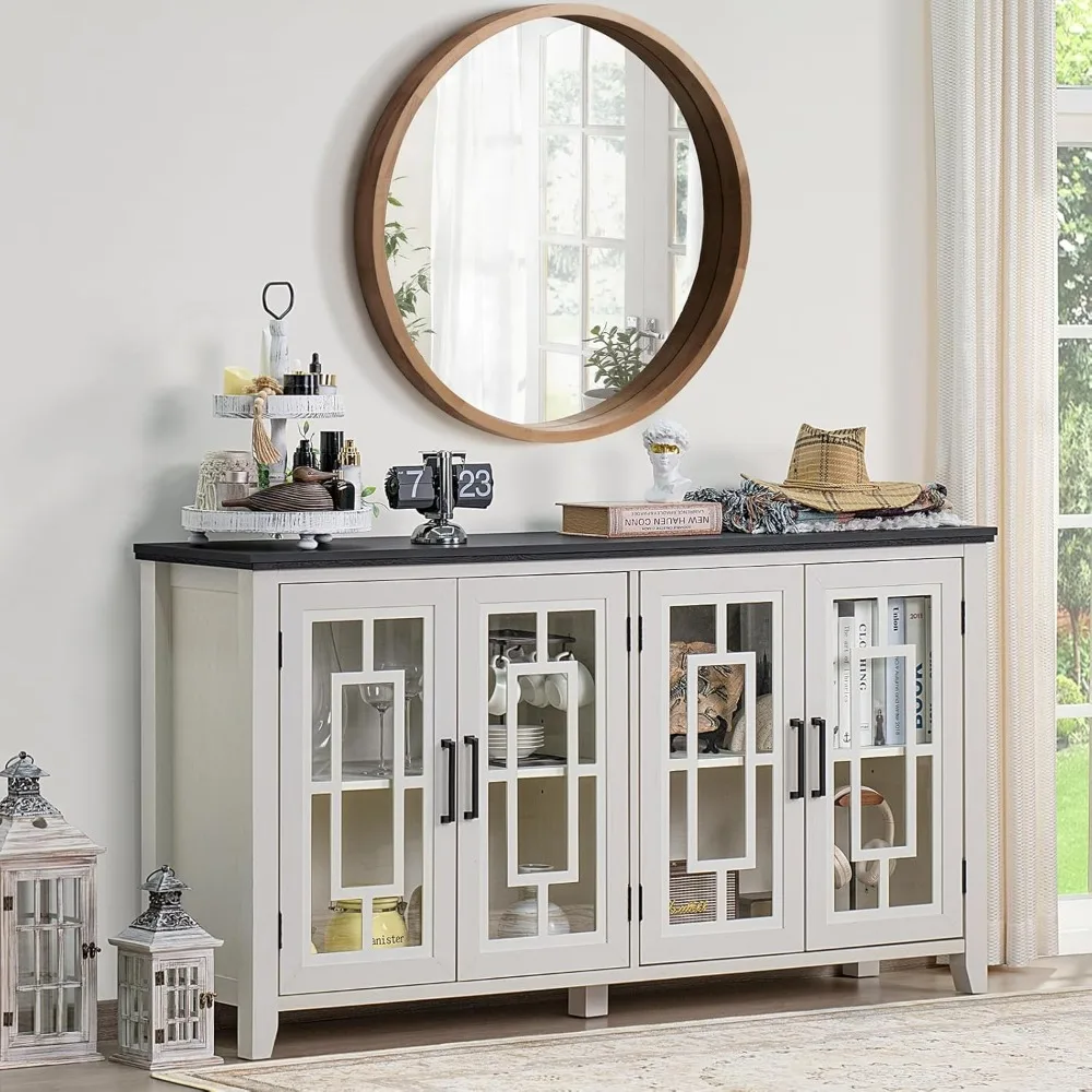 Mobiletto buffet grande da 63 pollici con contenitore, mobiletto da bar per vino e caffè in fattoria con 4 ante in vetro, credenza moderna in legno della metà del secolo