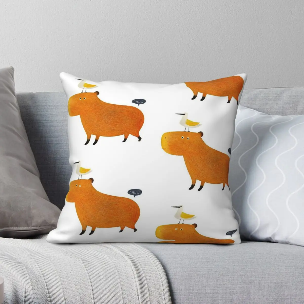 Capybara Little Buddy Bird Square Pillowcase Polyester Linen Velvet Printed Zip Decorative Sofa Cushion Cover