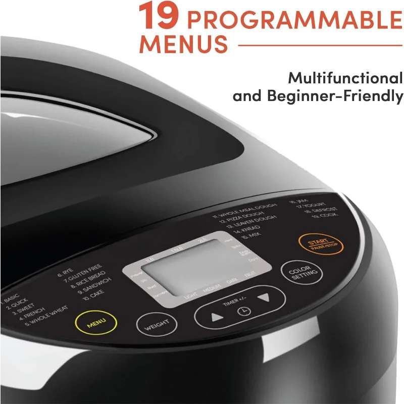 EBM8103B Programmable Bread Maker Machine 3 Loaf Sizes, 19 Menu Functions Gluten Free White Wheat Rye French and more, 2 Lbs