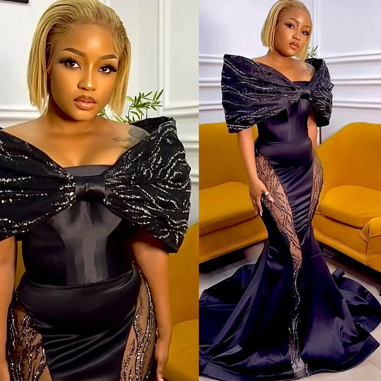 Romantic Off Shoulder ﻿ Black Mermaid Prom Dresses Satin Portrait Sequined Evening Formal Party Second Reception Birthday Gowns