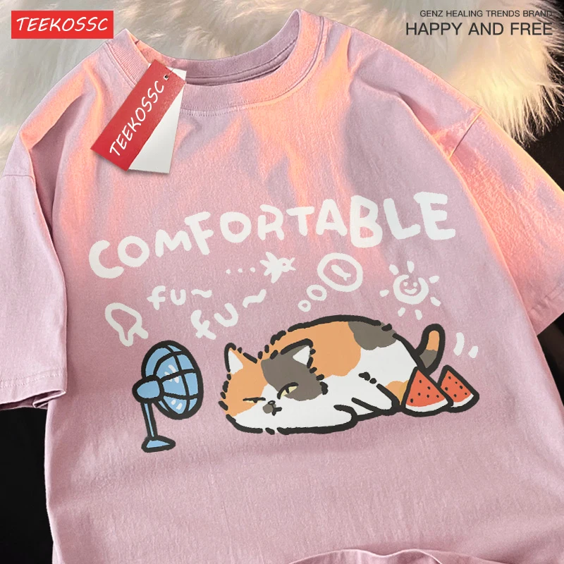 Comfortable Three Flowers Casual Loose Summer Breathable Short Sleeved T-shirt Men Women Stubborn Watermelon Blowing Fan Cotton