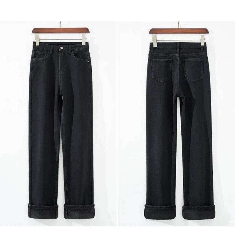 กางเกงยีนส์เอวสูงทรงตรงสไตล์ Y2K บุขนสำหรับผู้หญิง สีดำ แฟชั่นลำลอง ฤดูหนาว ฤดูใบไม้ร่วง