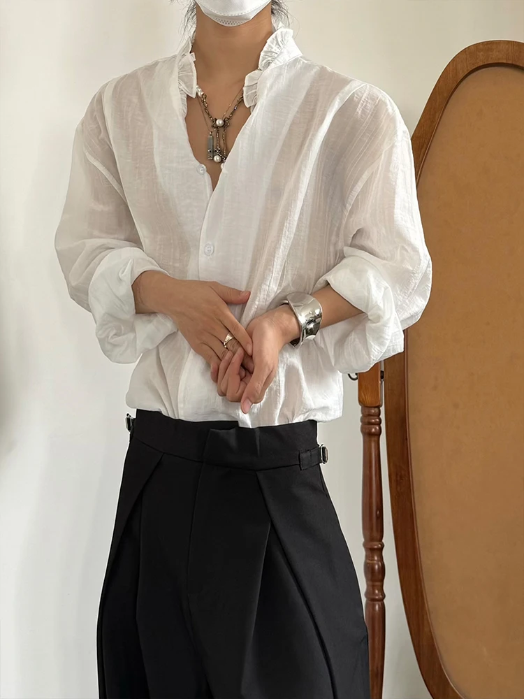 

Retro Texture Pleated Lace V-neck Long Sleeve Loose Shirt Youthful Style Polyester Fiber All-season Unisex Open Cardigan