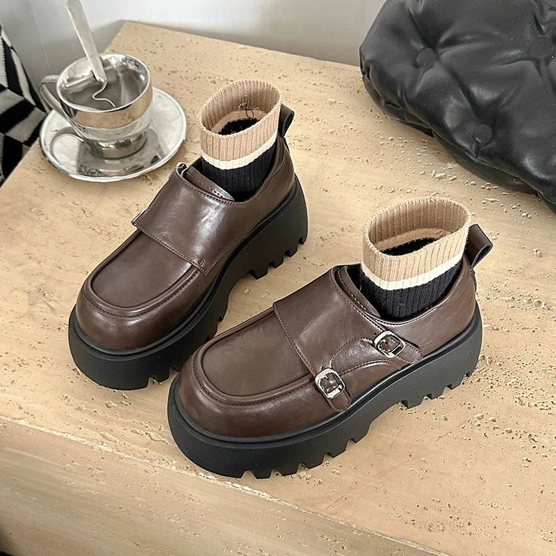 

Women's Thick Sole Single Shoes Spring New Round Head Deep Mouth Metal Buckle Anti-slip Wear-resistant Loafers