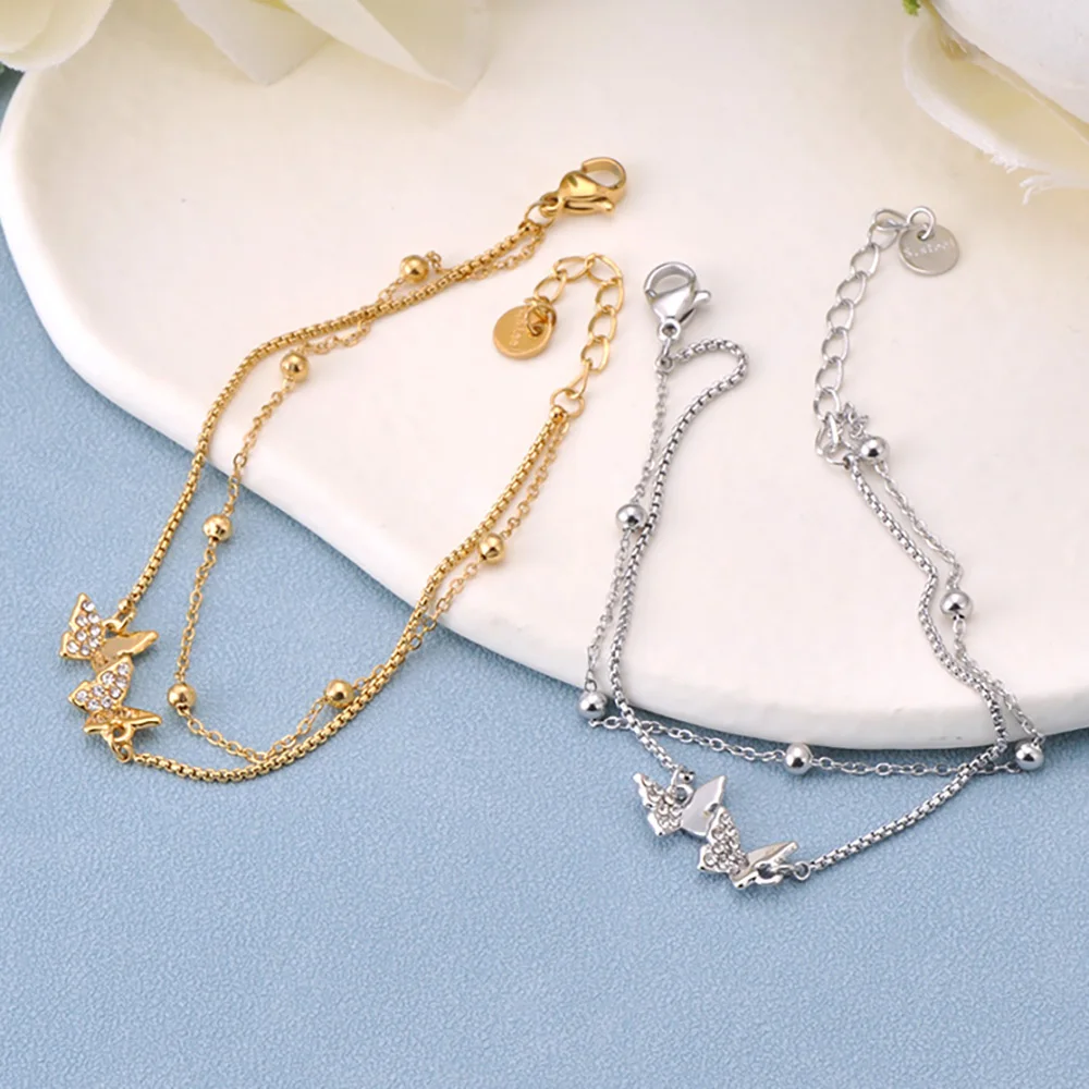 JeeMango زركونيا فراشة الحيوان سحر سوار للنساء مطلية بالذهب الفولاذ المقاوم للصدأ طبقة مزدوجة سلسلة مجوهرات جديد B25086 #5