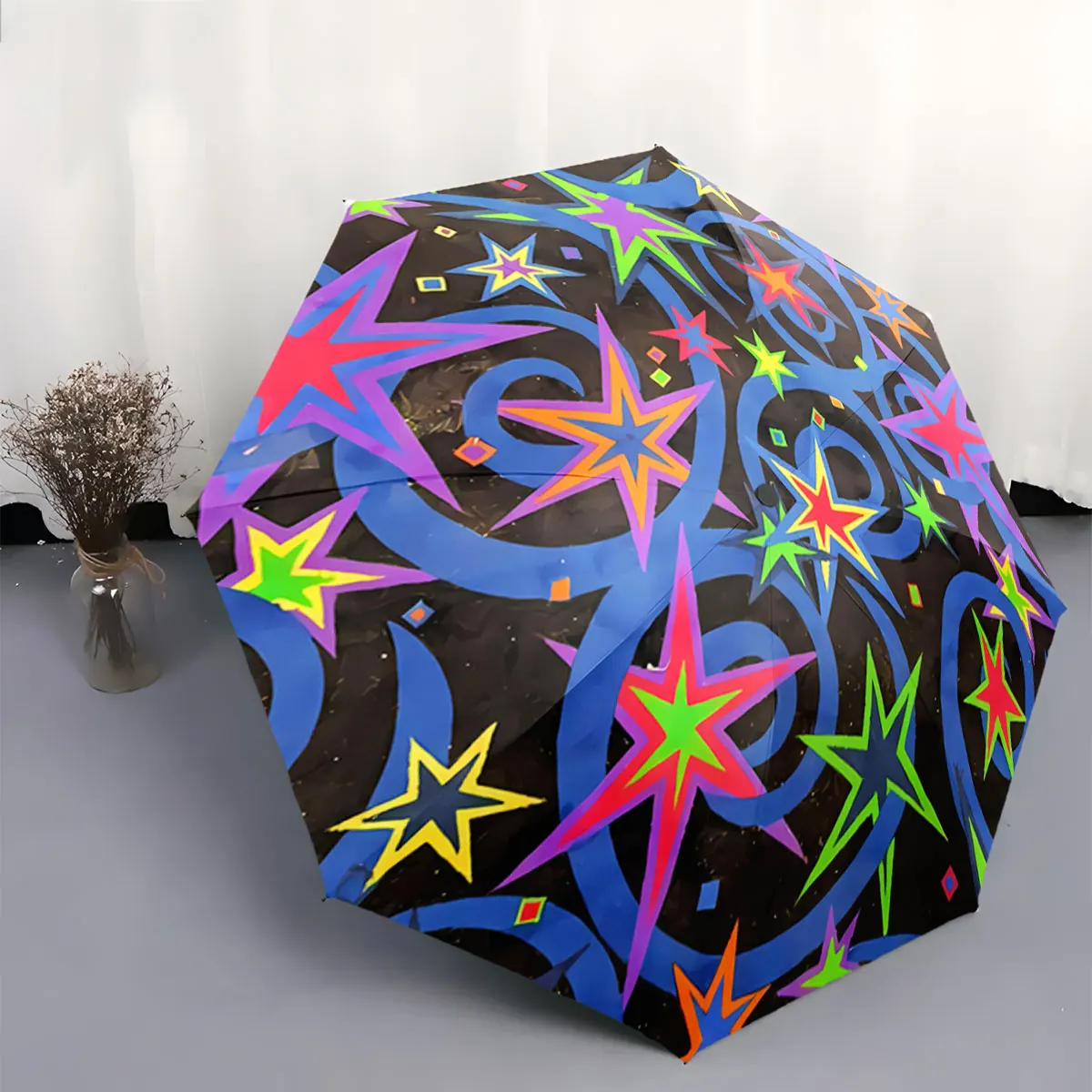 Vibrant Star Pattern on Black Abstract Umbrella Design portable waterproof sun rain umbrella for outdoor travel beach