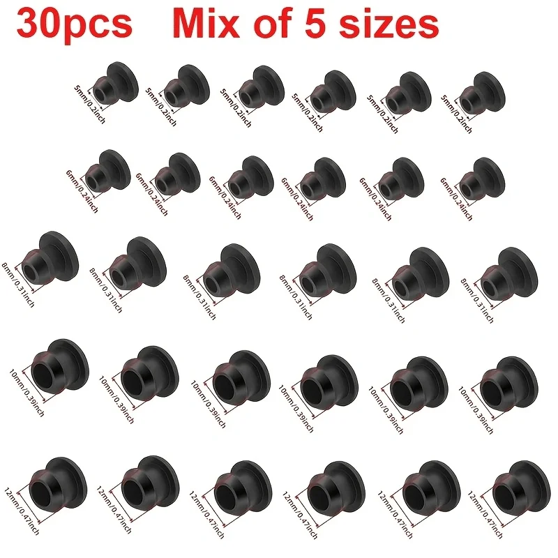 30pcs Black Conical Snap-on Silicone Rubber T Type Plug 2.5-9mm Blanking End Caps Tube Inserts Bung Proof High Temperature