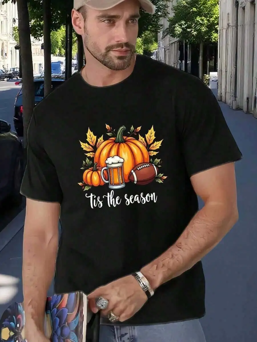 Men's Plus Size Big Tall Tis The Season Graphic T-Shirt - Autumn Fall Short Sleeve Round Neck Tee With American Design, Machine