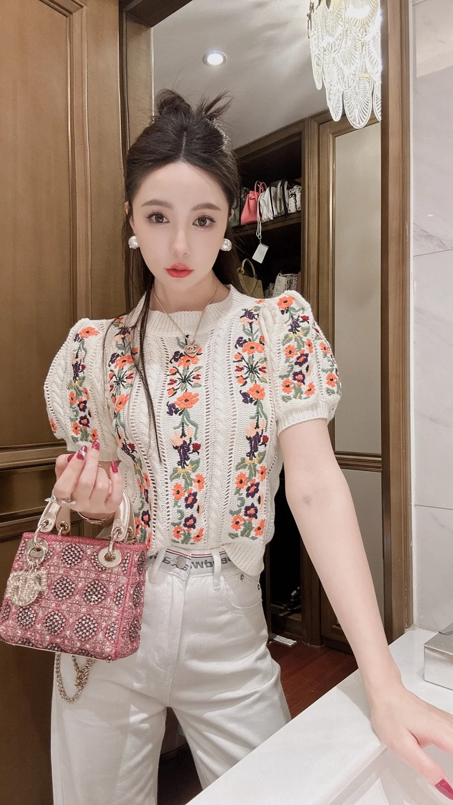 Vintage Elegant Embroidered Knitted Sweater Tshirt Women Summer Puff Sleeve O-neck Tops Pullovers Stylish Fashion Chic Knitwear