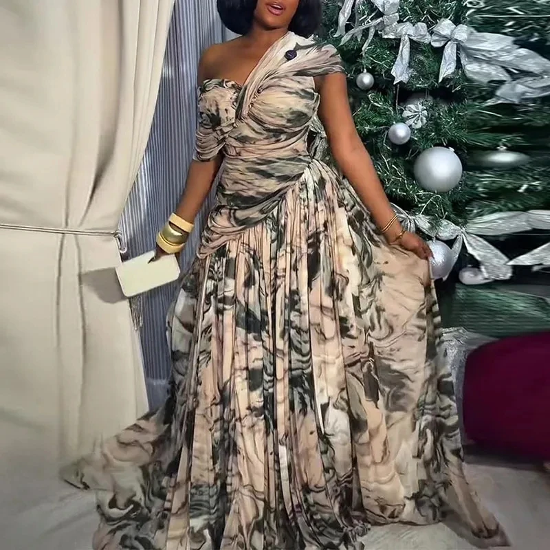 

Elegant Lady High Waist Slim Evening Dress Temperament Backless Swing Banquet Dress Chic Slash Collar Printed Pleated Maxi Dress