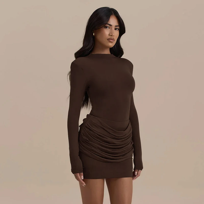 CUTENOVA Women'S Fall New Arrival Elegant Solid-Color Crew Neck Long-Sleeve Gathered Waist Bodycon Mini Dress Elegant Chic Dress