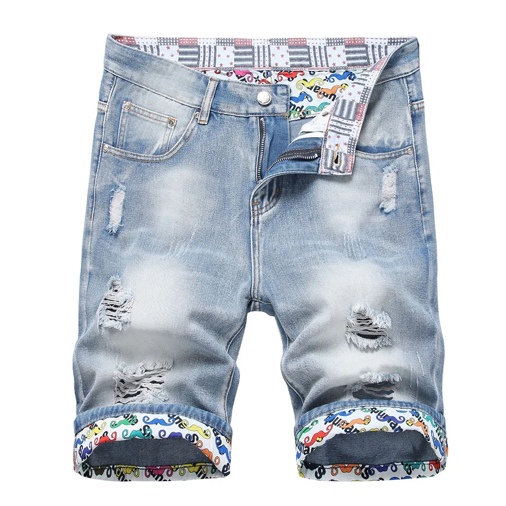 

Men Summer Denim Shorts Stripe Stars Letters Print Hem Jeans Holes Ripped Distressed Breeches