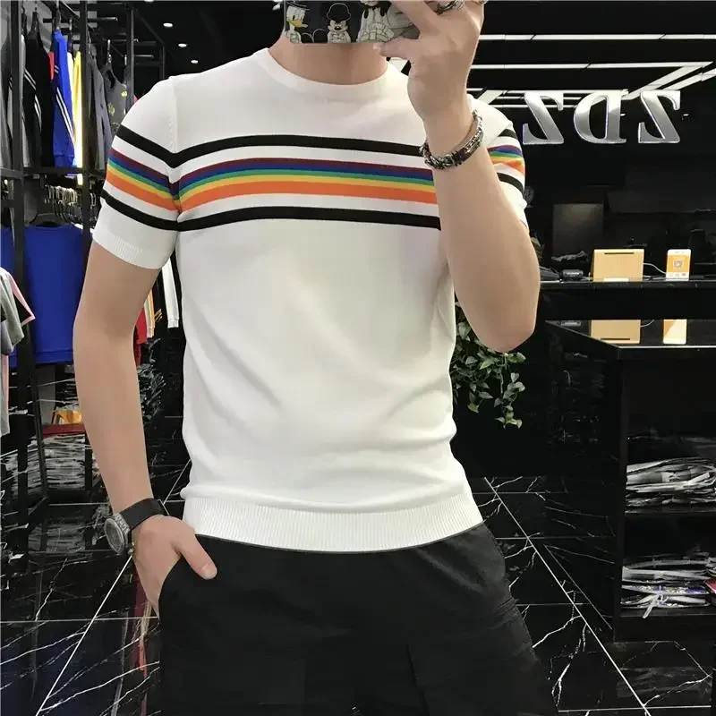 

2023 Summer Men Stretched Tee Shirt Patchwork Color Stripe Knitted T Shirt Homme Short Sleeve O-Neck Casual T-Shirt Streetwears