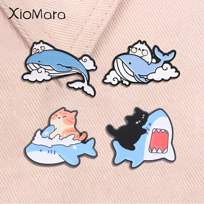Embroidery Whale - Cute Cat Ride Blue Whale Enamel