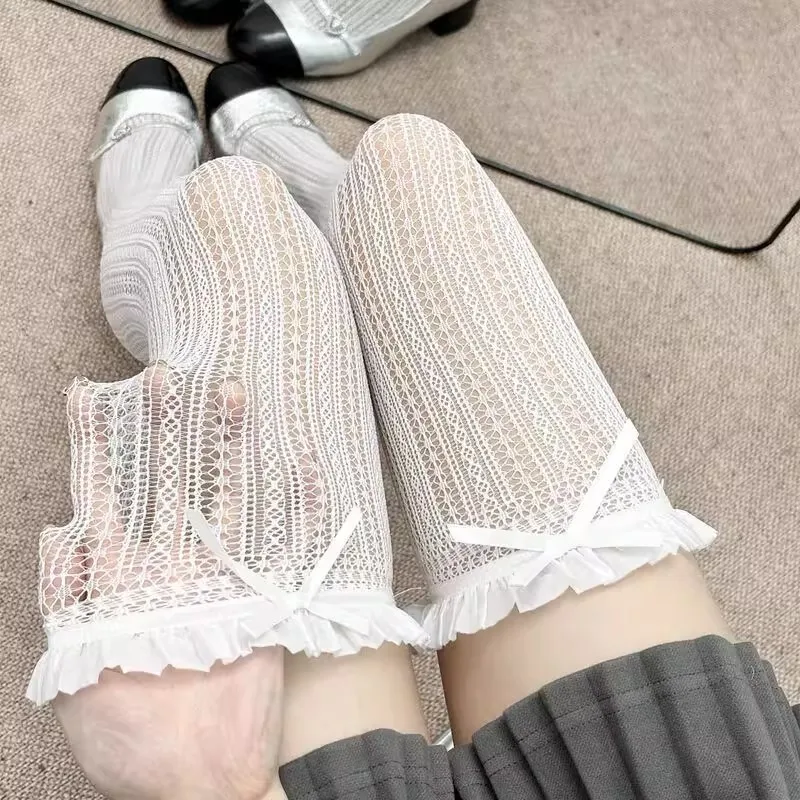 Mary Jane Kniestrümpfe, beige Spitzensocken, dünne lange Sommerstrümpfe für Damen