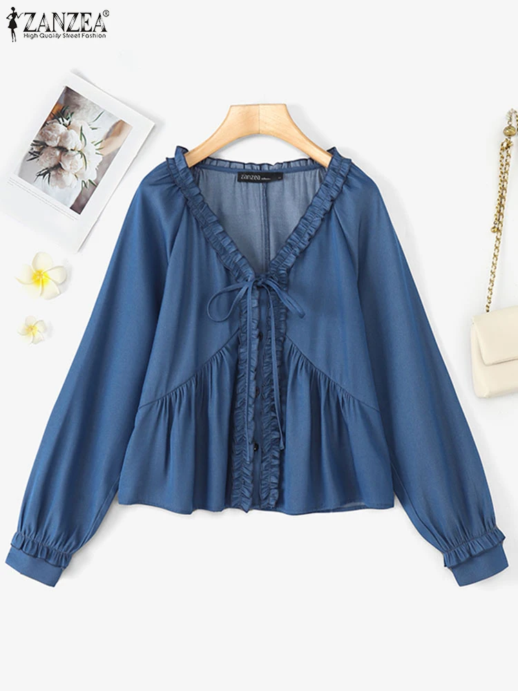 

ZANZEA 2025 Elegant Women Blouse Summer Long Sleeve Shirts Fashion Ruffled Stitching V-neck Tops Holiday Korean Bandage Tunics