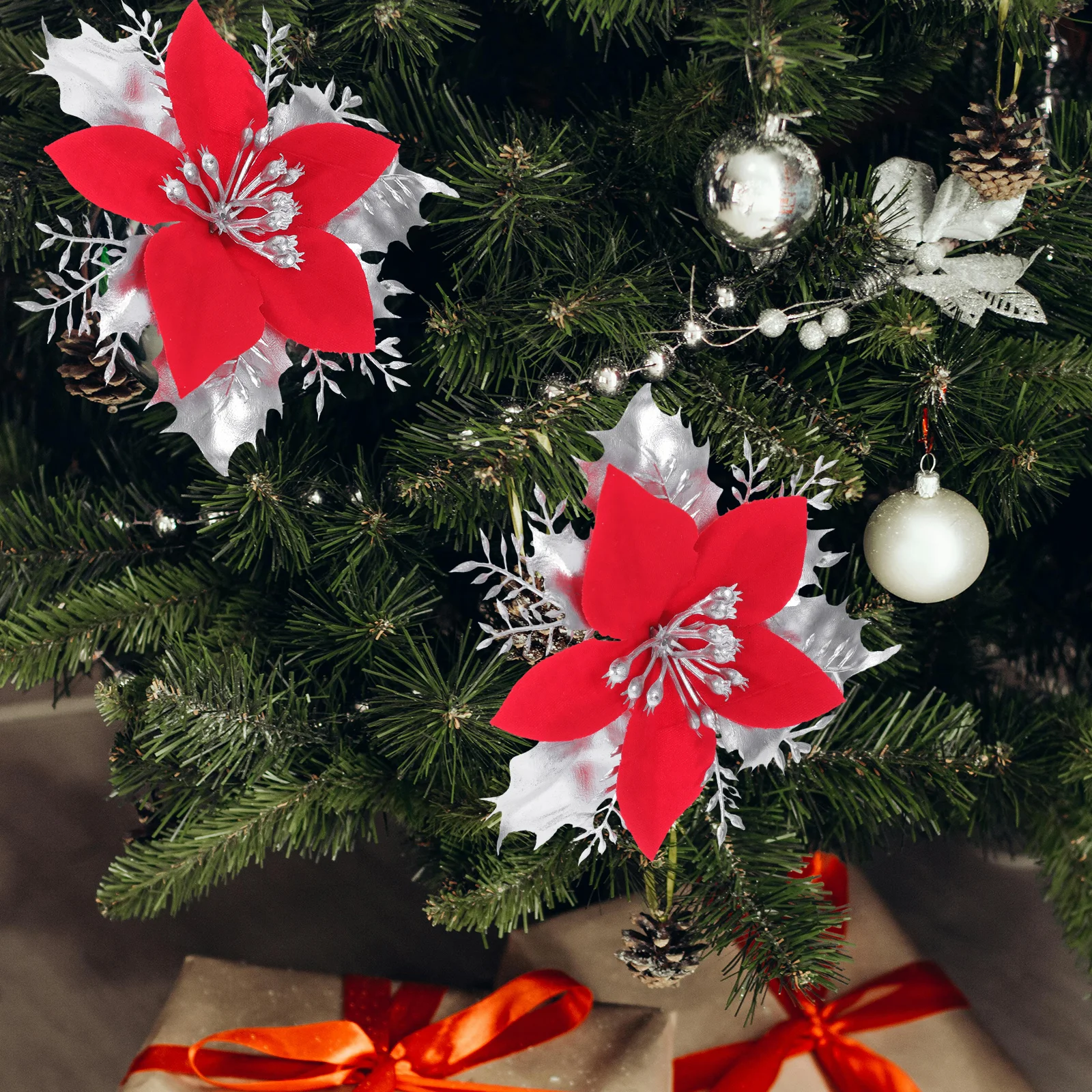 

6Pcs Red Glitter Flowers Artificial Poinsettia Christmas Flower Wreath Decor for Holiday Tree Ornament Wreath Garland