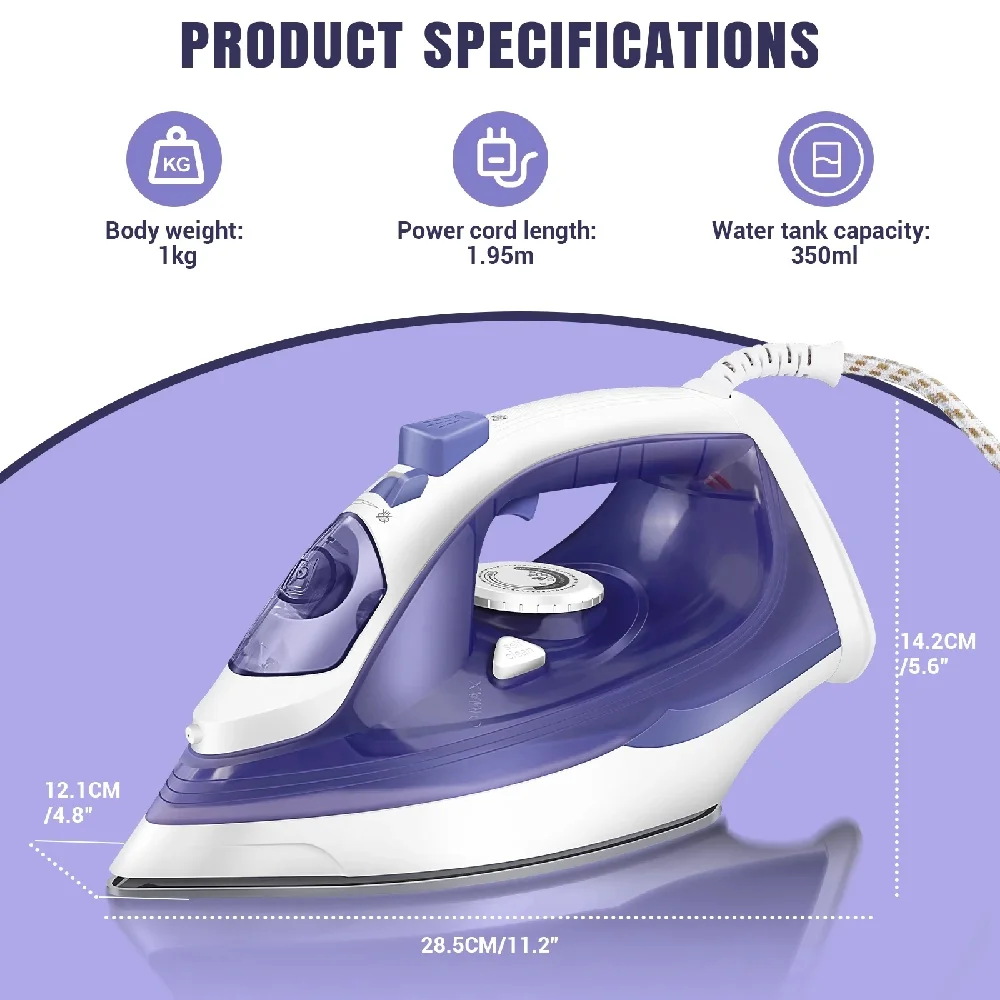 BRIEFNESS Electric Iron Portable Steam Iron, 2800W Powerful Steam Function, Non-stick Stainless Steel Soleplate,350ml Water Tank