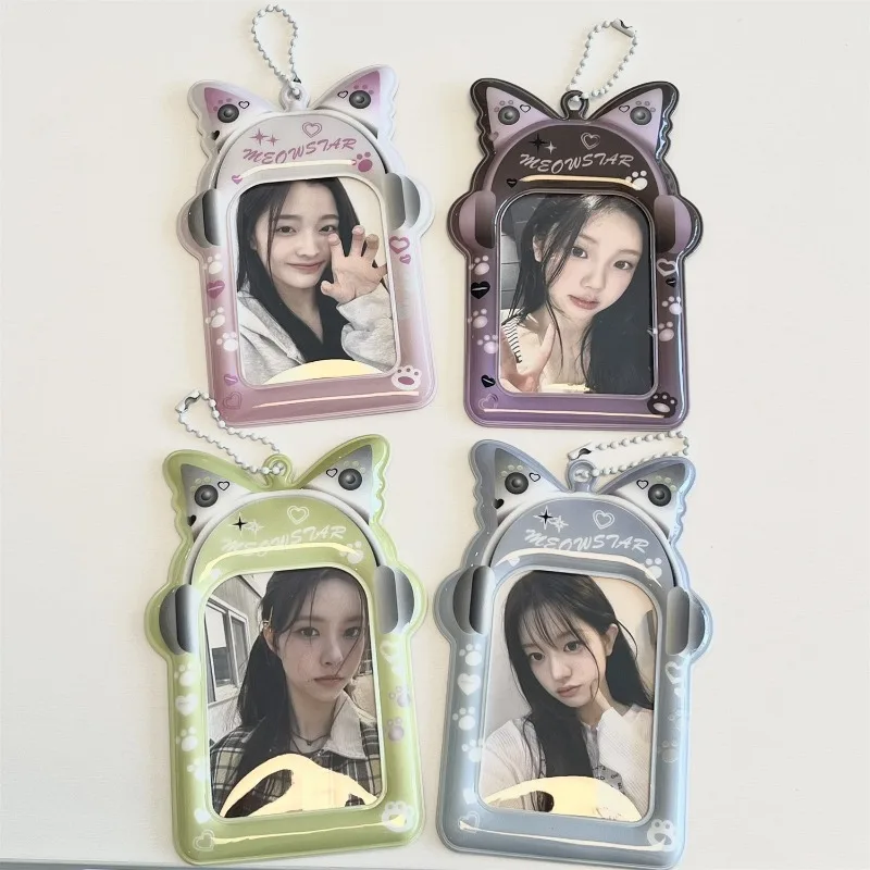 Heart Earphone Cat Ear PVC Card Holder 3 Inch Photocard Kpop Idol Card Storage Display Student Campus ID Bag Charm Pendant