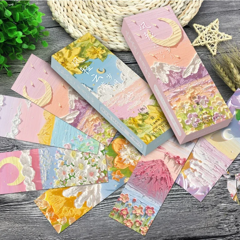 32PCS Beautiful Bookmarks Emboss Oil Painting Style Paper Bookmarks Fairy Tale Scenery Student Stationery