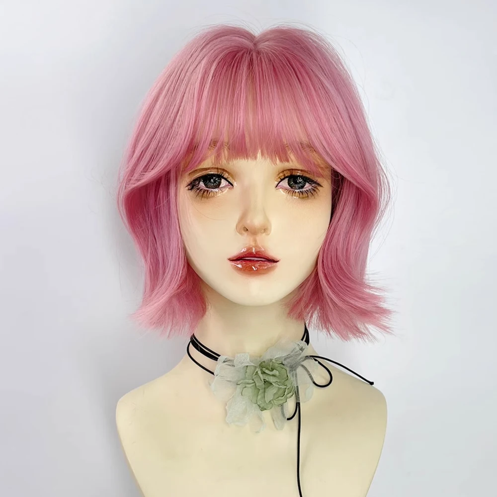 Peluca sintética ondulada corta rosa con flequillo Lolita Cosplay para mujer, pelo esponjoso Natural, resistente al calor para fiesta diaria