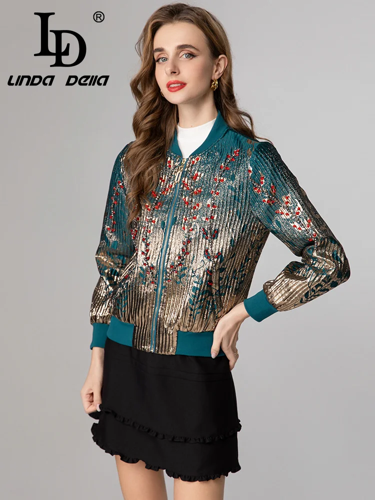 

LD LINDA DELL 2025 autumn new cotton fabric nail bead hot stamping casual long sleeved women's fashionable short jacket