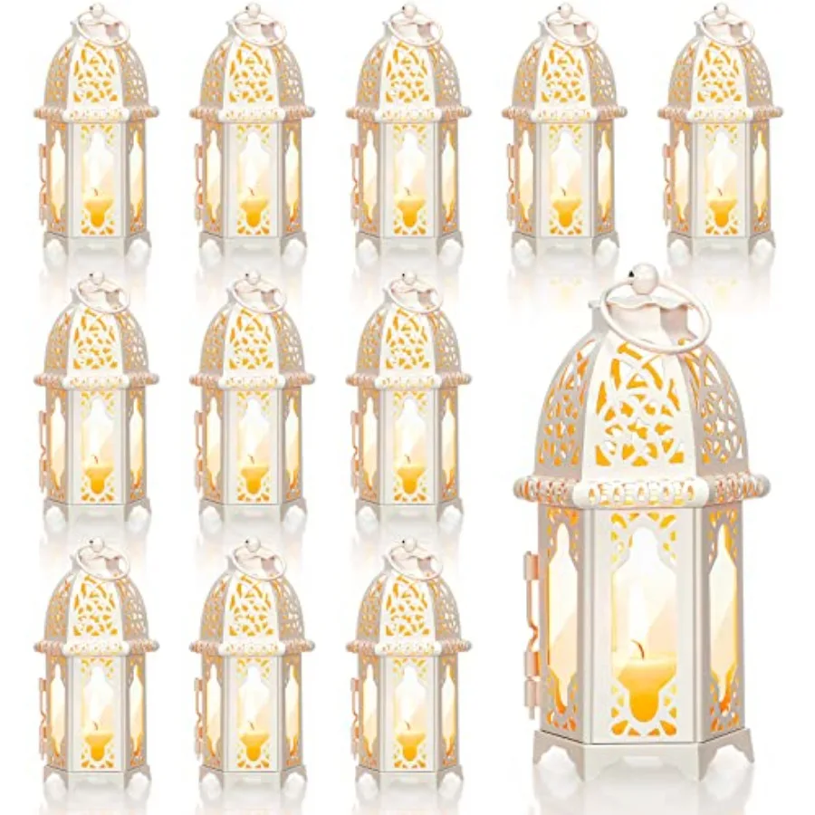 

12 Pcs Moroccan Lanterns White Decorative Candle Holders Ramadan Lanterns Bulk Vintage Metal Hanging Tea Light Holder for Weddi