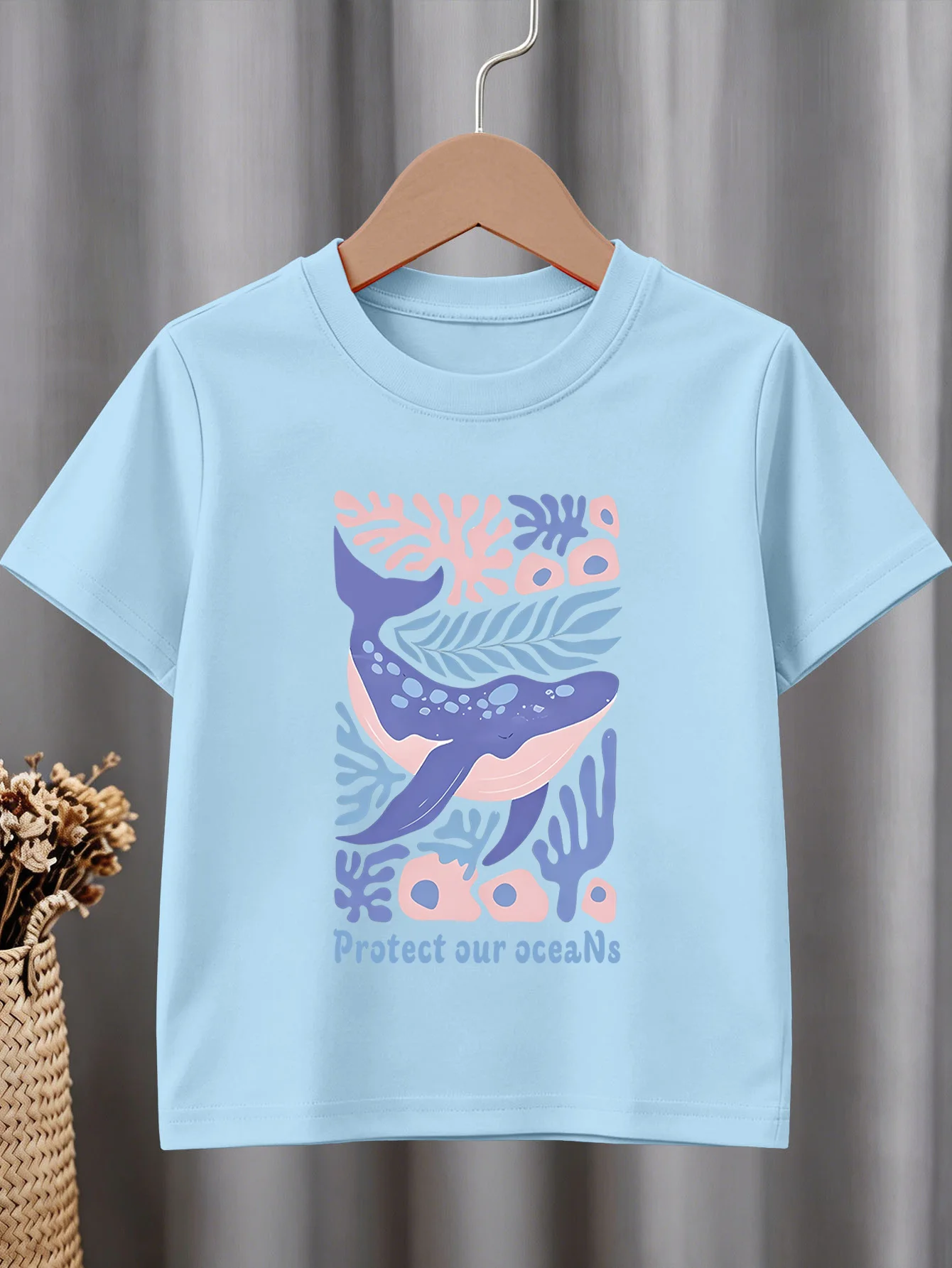 Whale Coral Ocean Letter Print Boys Girls T Shirt Marine Scenery Kids Tee Parent Child Matching Casual Summer Family Daily Tops