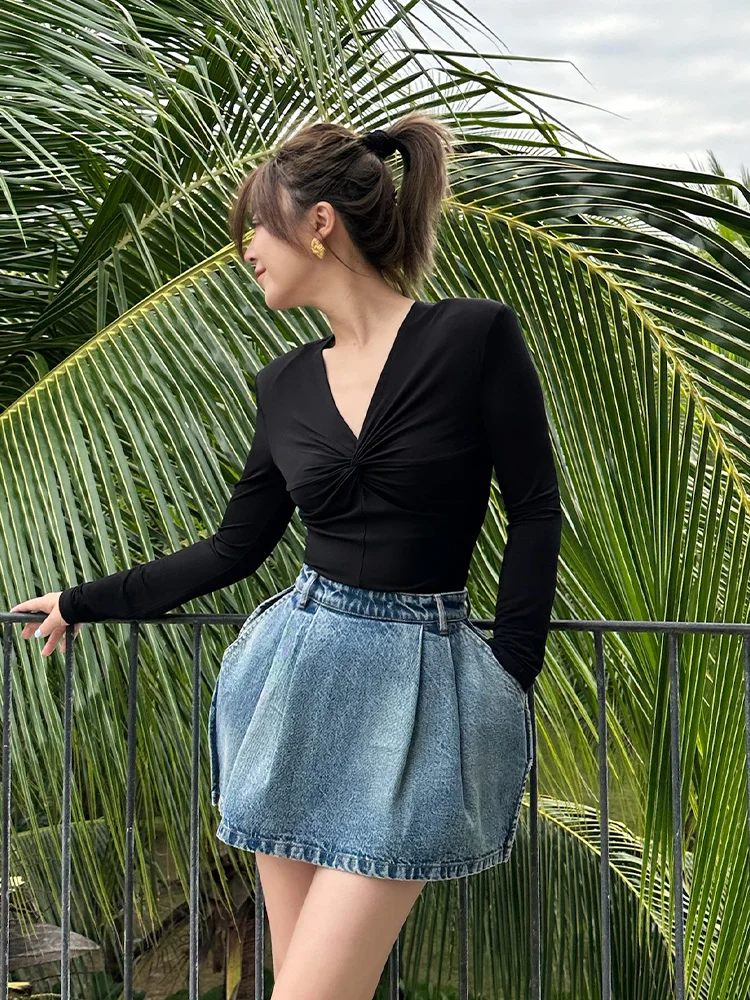 

LEDIM WANG Retro Bloom Denim Skirt Women's Sli Fit Faionable ort Skirt Unique Design High-End Feeling
