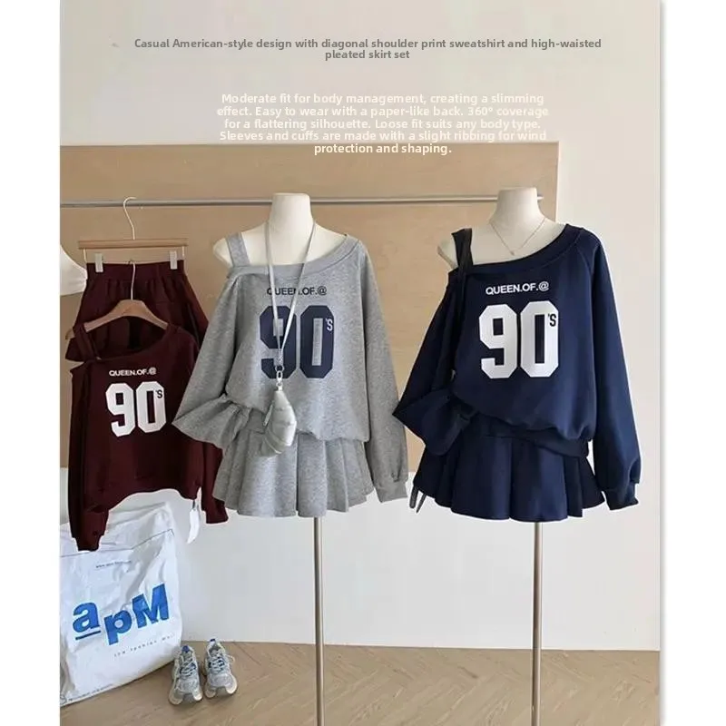 Anti-Aging Casual Sweatshirt Set Women's High Waist Asymmetrical Collar Shoulder Bared Print Top Skirt Two-Piece Trendy