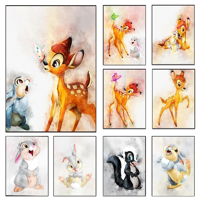 Disney Bambi And Thumper Watercolor Poster Prints For Home Decor Cartoon Rabbit Deer Squirrel Animal Canvas Painting Wall Art