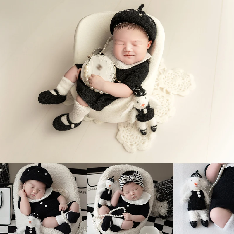 Baby Outfit Newborn Photography Props French Style Beret Socks + Crochet Shoes 4 Pcs/Set Pearl Bag Baby Girl Photoshoot Clothing
