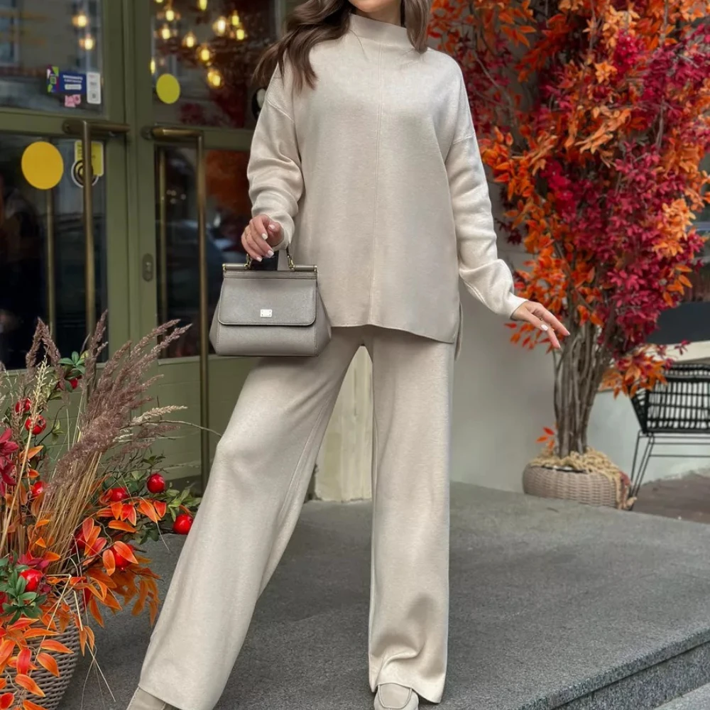 

Knitting 2 Piece Set Women Pullover Sweater Pants Suit Knitted Top Half High Collar Jumpers Trousers Outfits Autumn Winter