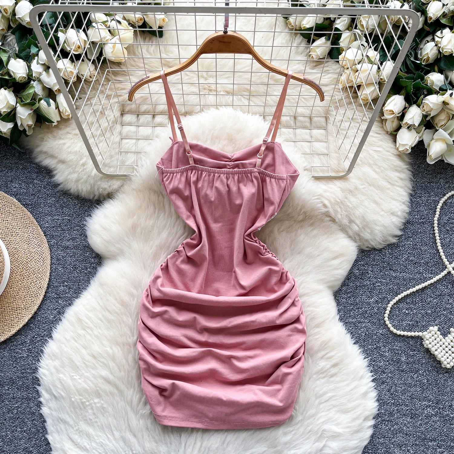 Elegancka sukienka letnia w stylu koreańskim, boho, bez rękawów, w stylu vintage, z motylami, dopasowana, z koronką, w stylu fairy.