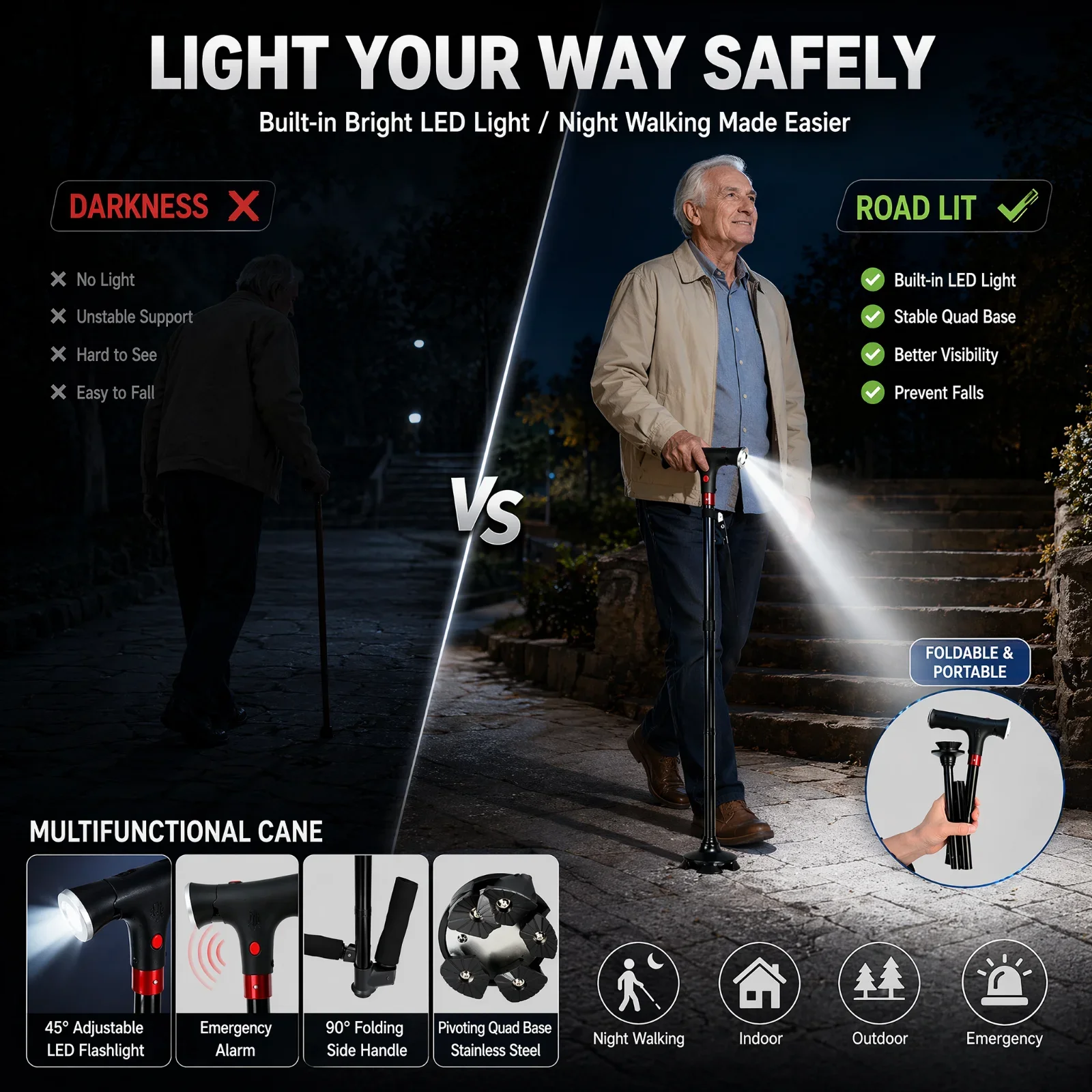 Foldable Walking Cane for Seniors LED Light SOS Alarm Adjustable Height Quad Base Dual Handle Lightweight Aluminum Mobility Aid
