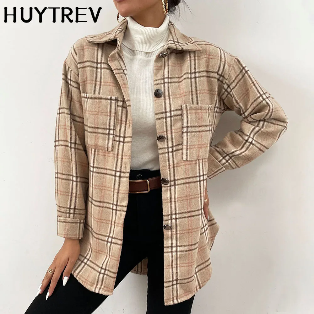 Fashion Plaid long Shirts Women winter Shirt Collared Button Woolen cloth Blouse 2021 Autumn Spring Loose Casual Streetwear Top