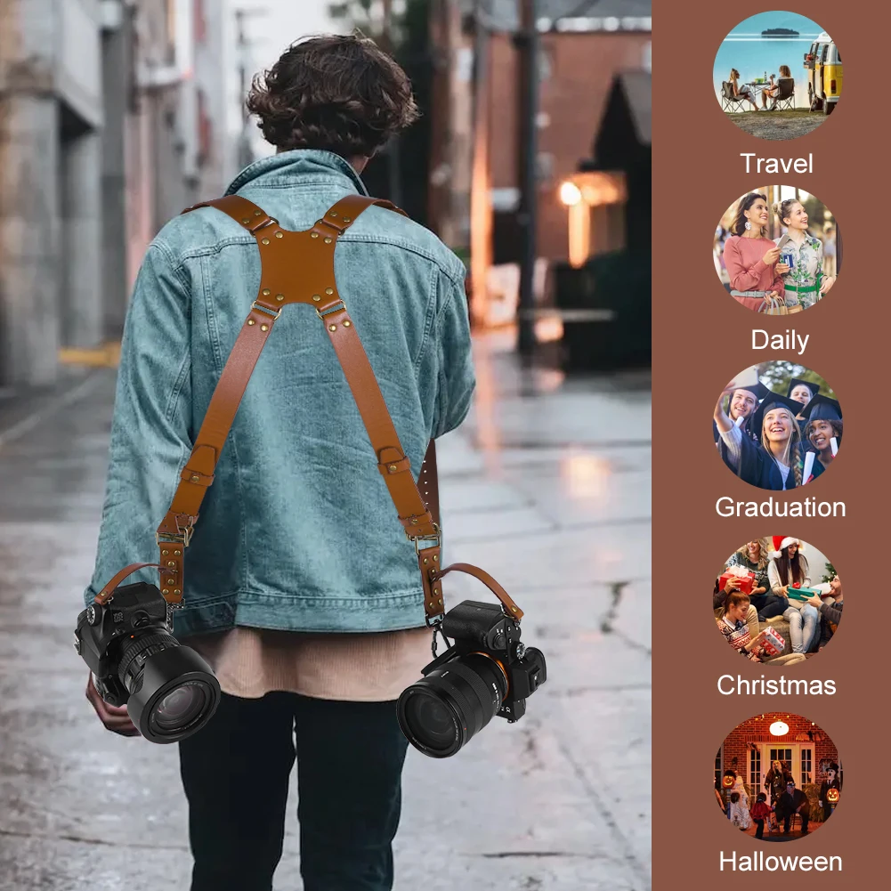 Dual Camera Strap Leather Camera Straps Adjustable Camera Carrying Strap Universal Camera Shoulder Strap for 2 Cameras