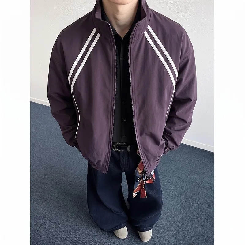 Men Brown Stand Collar Track Jacket Double White Stripe Zip Up Loose Retro Sports Windbreaker Casual Streetwear Outer Coat