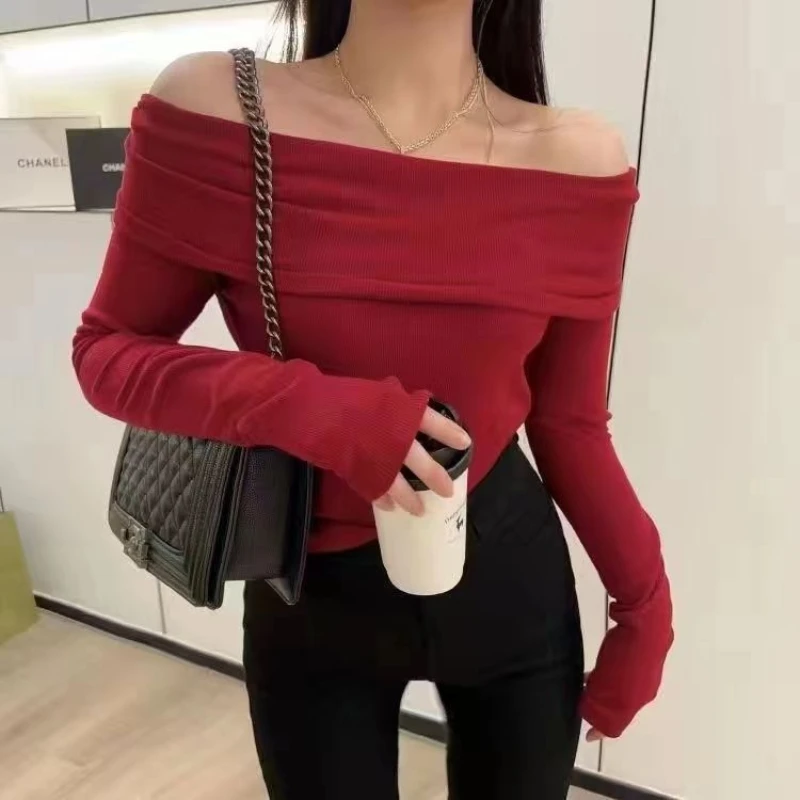 Solid T-Shirts Women Slim Fit Knitted Off-shoulder All-match Long Sleeve Korean Fashion Gentle Stylish Autumn Casual Simple Y2k