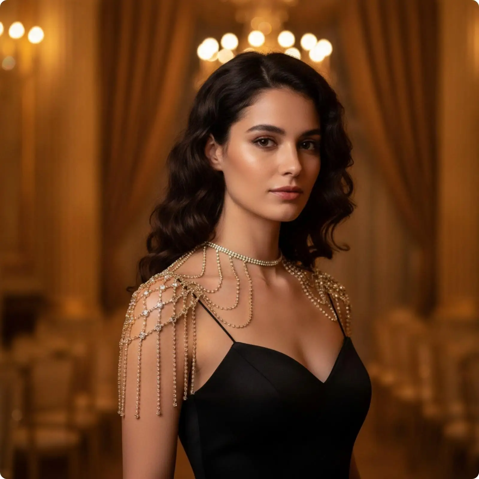 Shoulder Body Chain with Fringe Strands Beaded Geometric Shoulder Drape Chain Draped for Formal Events, Stage Performances,