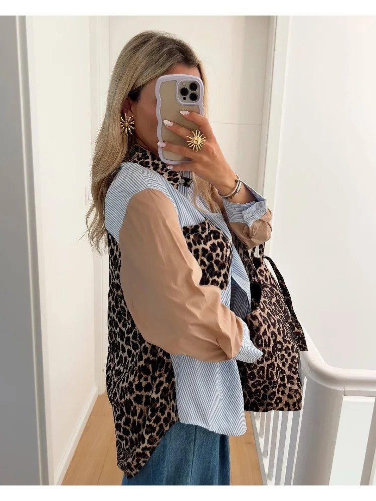 Women Fashion Contrast Color Striped Smock Blouse Leopard Print Pocket Collar Ladies Breasted Casual Shirts Chic Blusas Tops