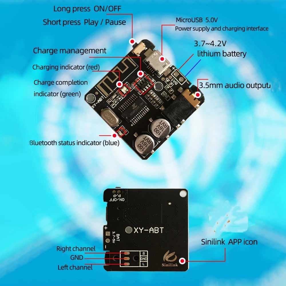 3.7-5V DIY Bluetooth 5.0 ses alıcı modülü MP3 Bluetooth çözme kurulu ile mikrofon ve anahtarı BT 5.0