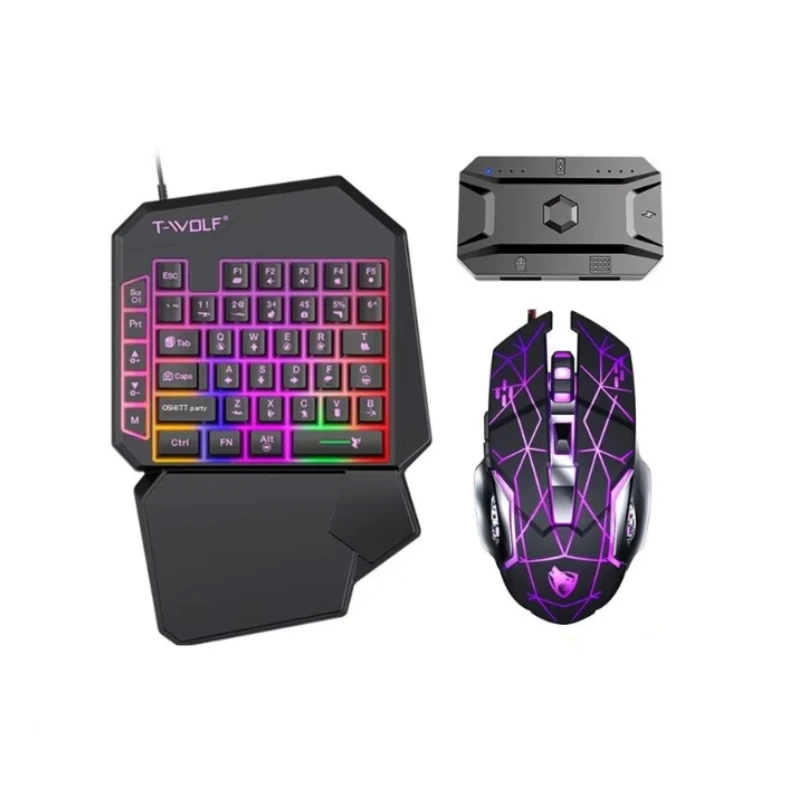 T-Wolf Tf950 5 In 1 One Handed Gaming Keyboard Mouse Combo Rgb Backlit Set With Mouse Pad For Pubg Mobile Fps Android Ios Gamers