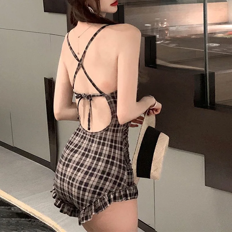 2023 New Summer Fashion High Waist Hollow Out Houndstooth Sexy Backless Strap Pure Desire Beach Hot Spring One Piece Bikini Set