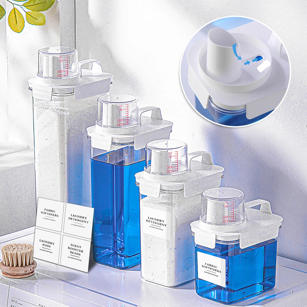 Laundry Detergent and Softener Dispenser Bottle with Labels Laundry Powders Container Laundry Organization with Reflow Lid