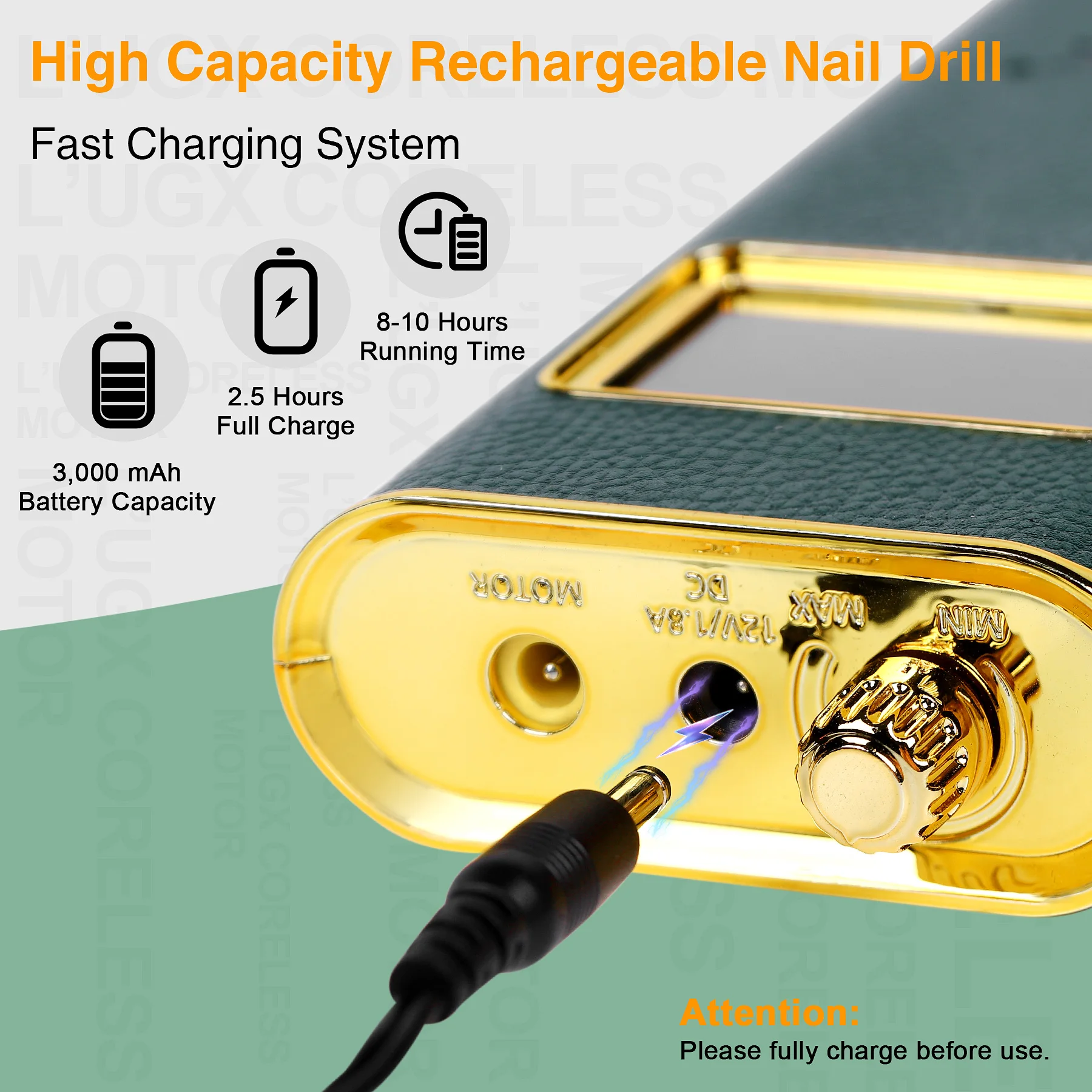 LUGX Professioneller Nagelbohrer, 35.000 U/min, Maniküre-Gel, Acryl, kabellos, wiederaufladbar, elektrisch, tragbar, Nagelbohrmaschine